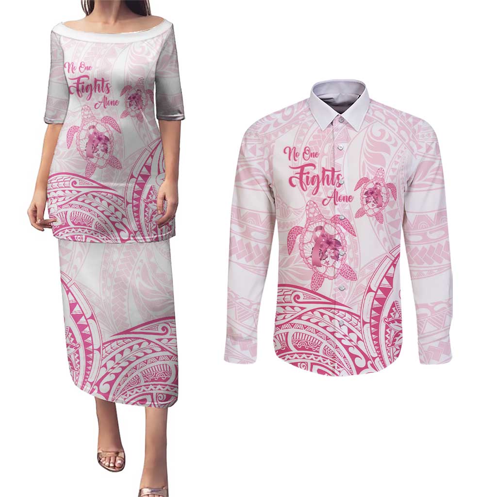 Personalised Polynesia Breast Cancer Awareness Couples Matching Puletasi and Long Sleeve Button Shirt No One Fights Alone Turtle Ribbon - White Version LT14 White - Polynesian Pride
