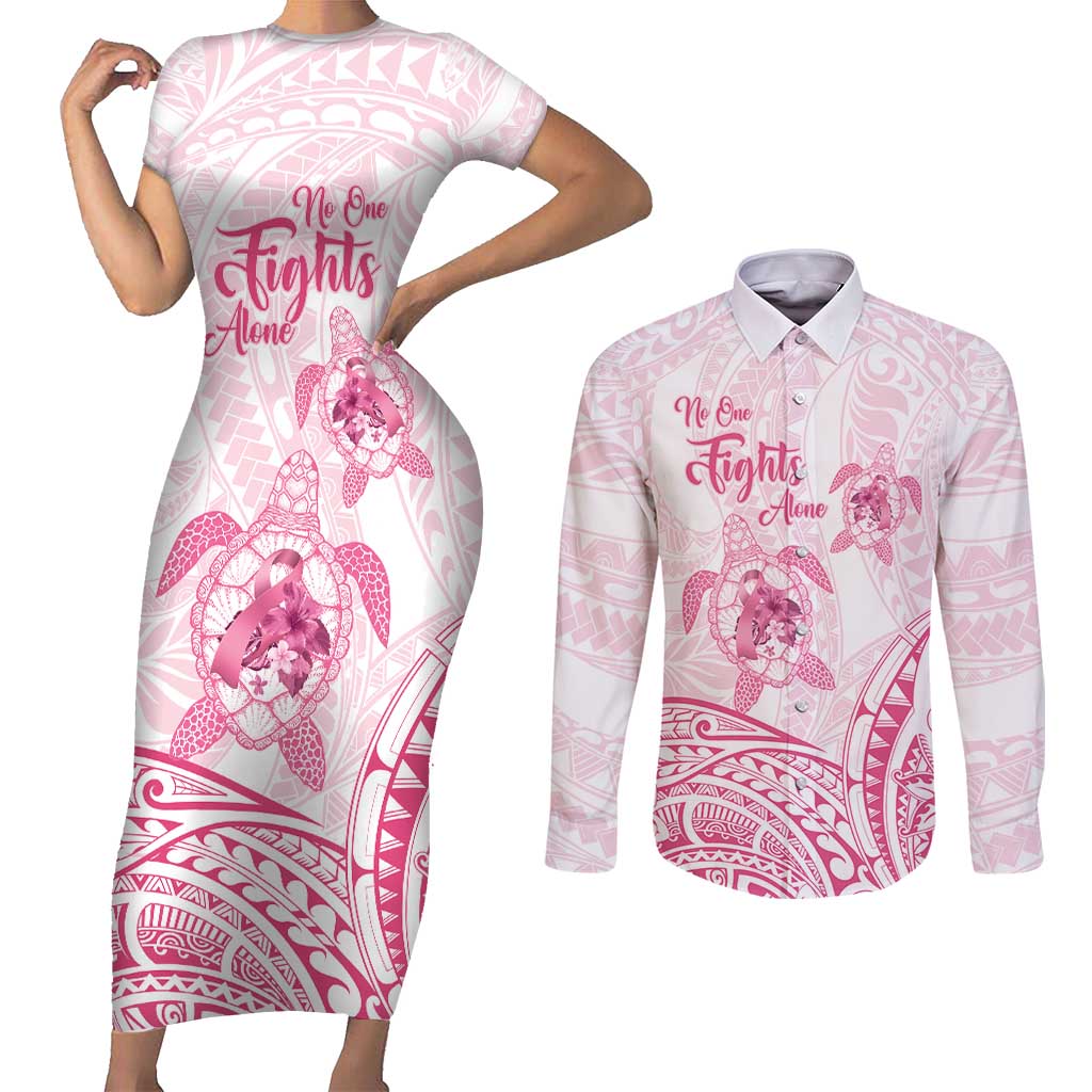 Personalised Polynesia Breast Cancer Awareness Couples Matching Short Sleeve Bodycon Dress and Long Sleeve Button Shirt No One Fights Alone Turtle Ribbon - White Version LT14 White - Polynesian Pride