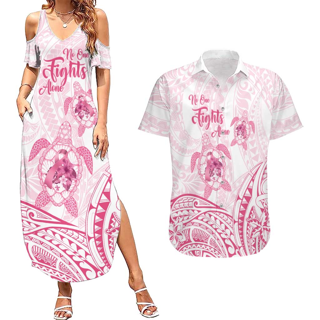 Personalised Polynesia Breast Cancer Awareness Couples Matching Summer Maxi Dress and Hawaiian Shirt No One Fights Alone Turtle Ribbon - White Version LT14 White - Polynesian Pride