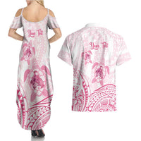 Personalised Polynesia Breast Cancer Awareness Couples Matching Summer Maxi Dress and Hawaiian Shirt No One Fights Alone Turtle Ribbon - White Version LT14 - Polynesian Pride