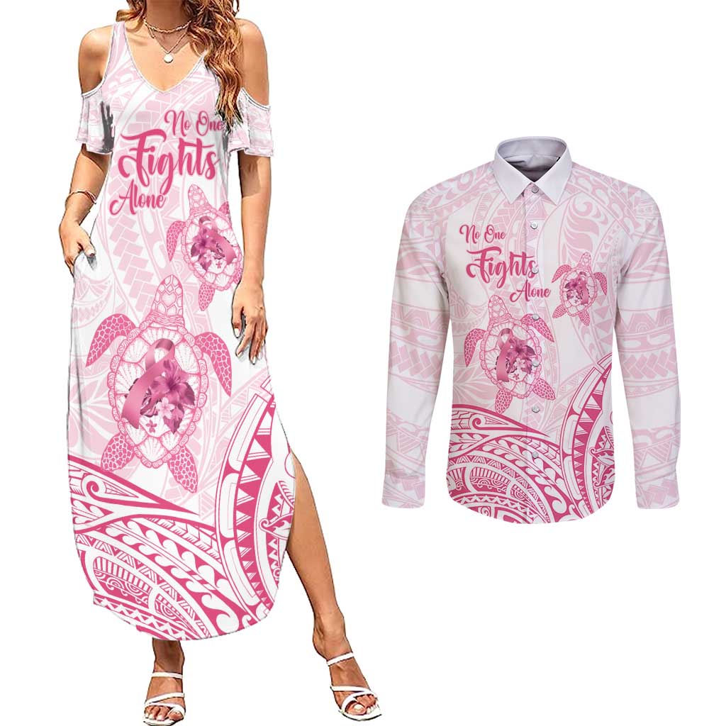 Personalised Polynesia Breast Cancer Awareness Couples Matching Summer Maxi Dress and Long Sleeve Button Shirt No One Fights Alone Turtle Ribbon - White Version LT14 White - Polynesian Pride