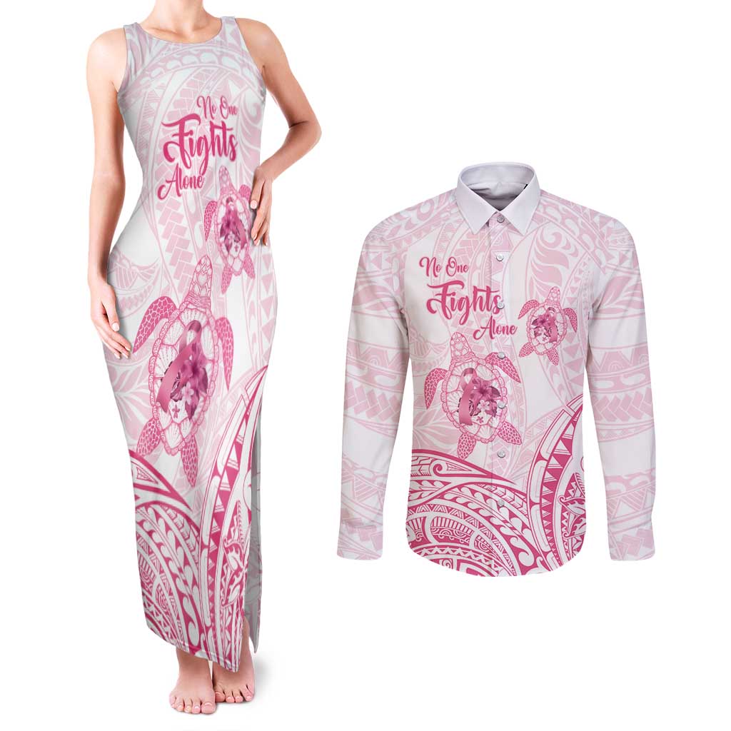 Personalised Polynesia Breast Cancer Awareness Couples Matching Tank Maxi Dress and Long Sleeve Button Shirt No One Fights Alone Turtle Ribbon - White Version LT14 White - Polynesian Pride
