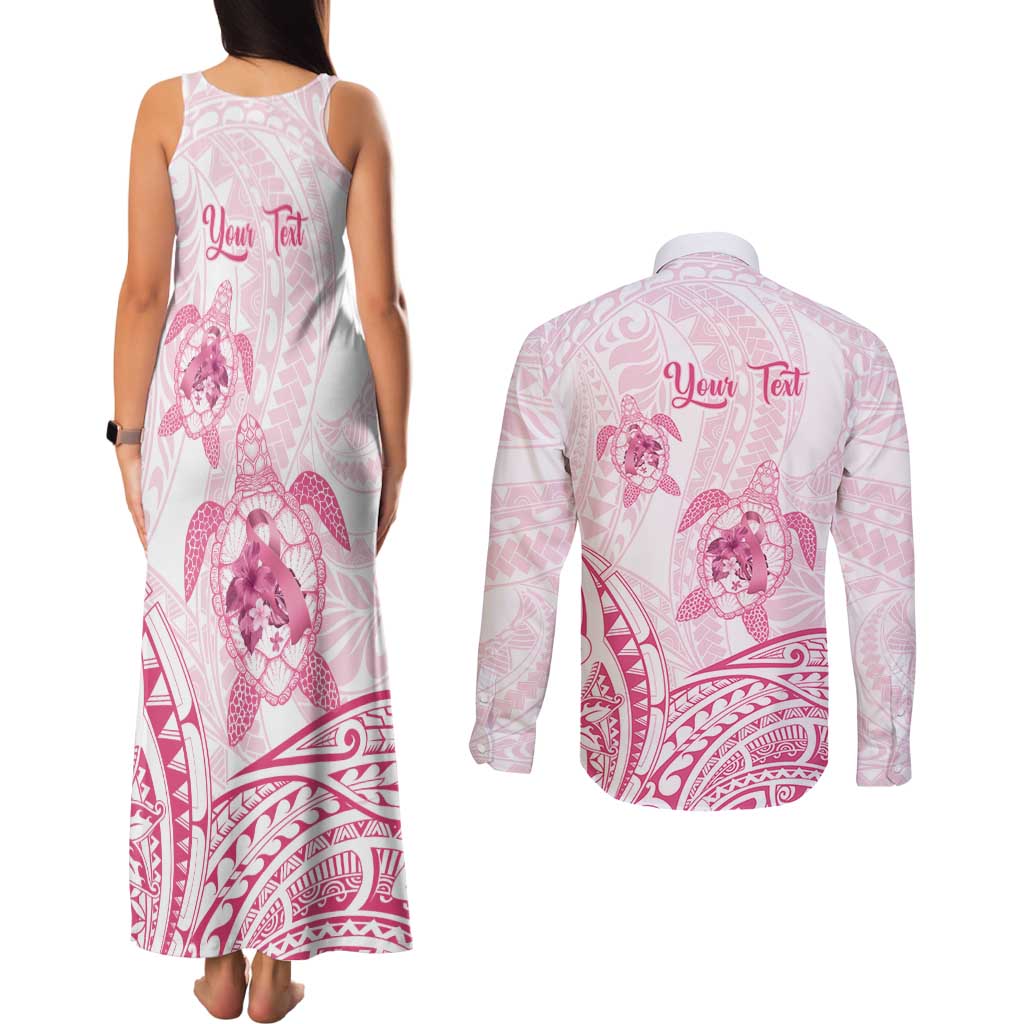 Personalised Polynesia Breast Cancer Awareness Couples Matching Tank Maxi Dress and Long Sleeve Button Shirt No One Fights Alone Turtle Ribbon - White Version LT14 - Polynesian Pride
