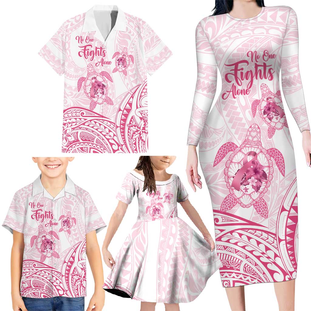 Personalised Polynesia Breast Cancer Awareness Family Matching Long Sleeve Bodycon Dress and Hawaiian Shirt No One Fights Alone Turtle Ribbon - White Version