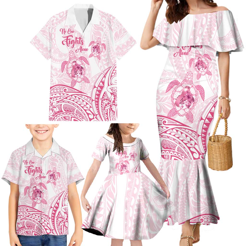 Personalised Polynesia Breast Cancer Awareness Family Matching Mermaid Dress and Hawaiian Shirt No One Fights Alone Turtle Ribbon - White Version LT14 - Polynesian Pride