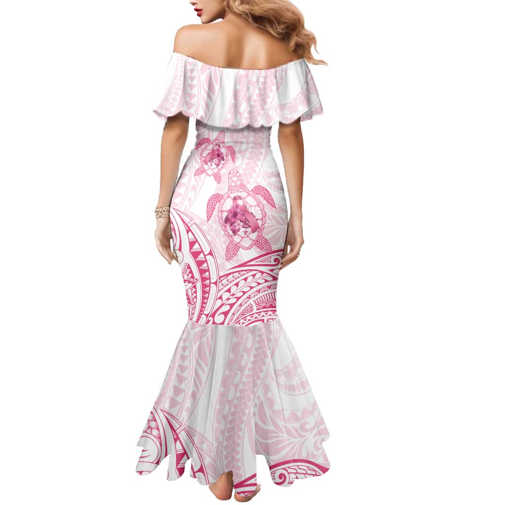 Personalised Polynesia Breast Cancer Awareness Family Matching Mermaid Dress and Hawaiian Shirt No One Fights Alone Turtle Ribbon - White Version