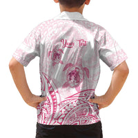 Personalised Polynesia Breast Cancer Awareness Family Matching Off Shoulder Maxi Dress and Hawaiian Shirt No One Fights Alone Turtle Ribbon - White Version