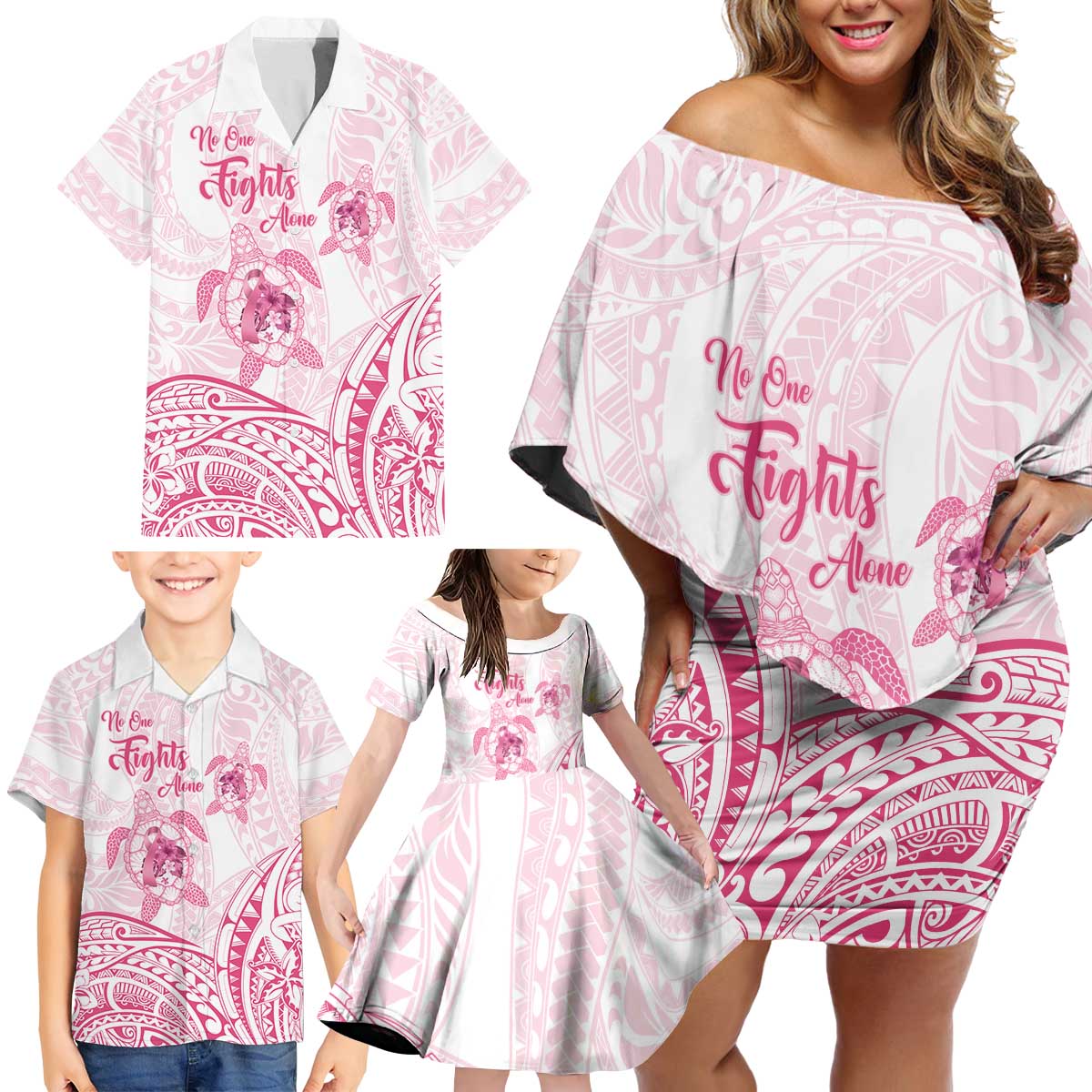 Personalised Polynesia Breast Cancer Awareness Family Matching Off Shoulder Short Dress and Hawaiian Shirt No One Fights Alone Turtle Ribbon - White Version LT14 - Polynesian Pride