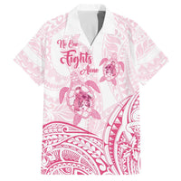 Personalised Polynesia Breast Cancer Awareness Family Matching Off Shoulder Short Dress and Hawaiian Shirt No One Fights Alone Turtle Ribbon - White Version LT14 Dad's Shirt - Short Sleeve White - Polynesian Pride