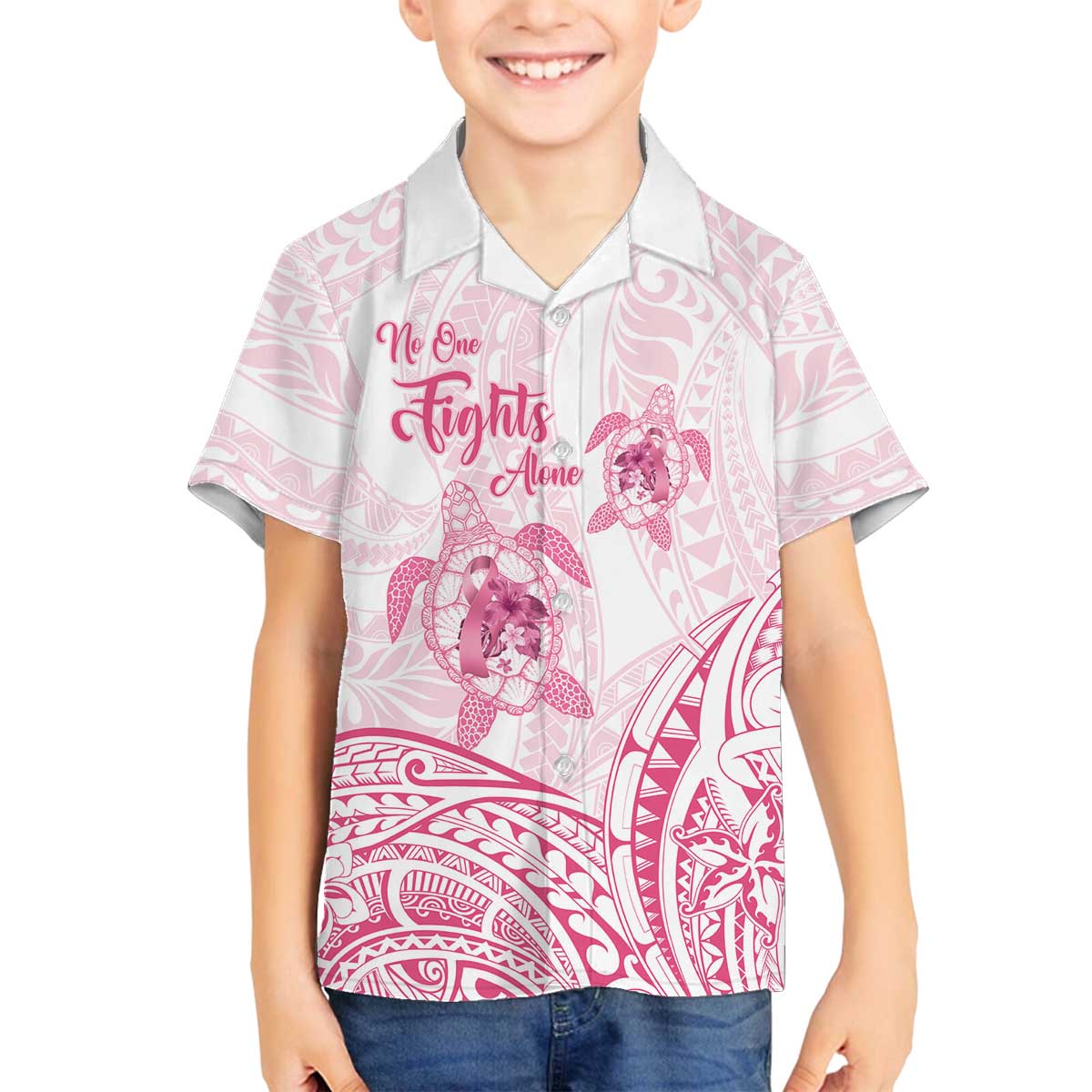 Personalised Polynesia Breast Cancer Awareness Family Matching Off Shoulder Short Dress and Hawaiian Shirt No One Fights Alone Turtle Ribbon - White Version LT14 Son's Shirt White - Polynesian Pride
