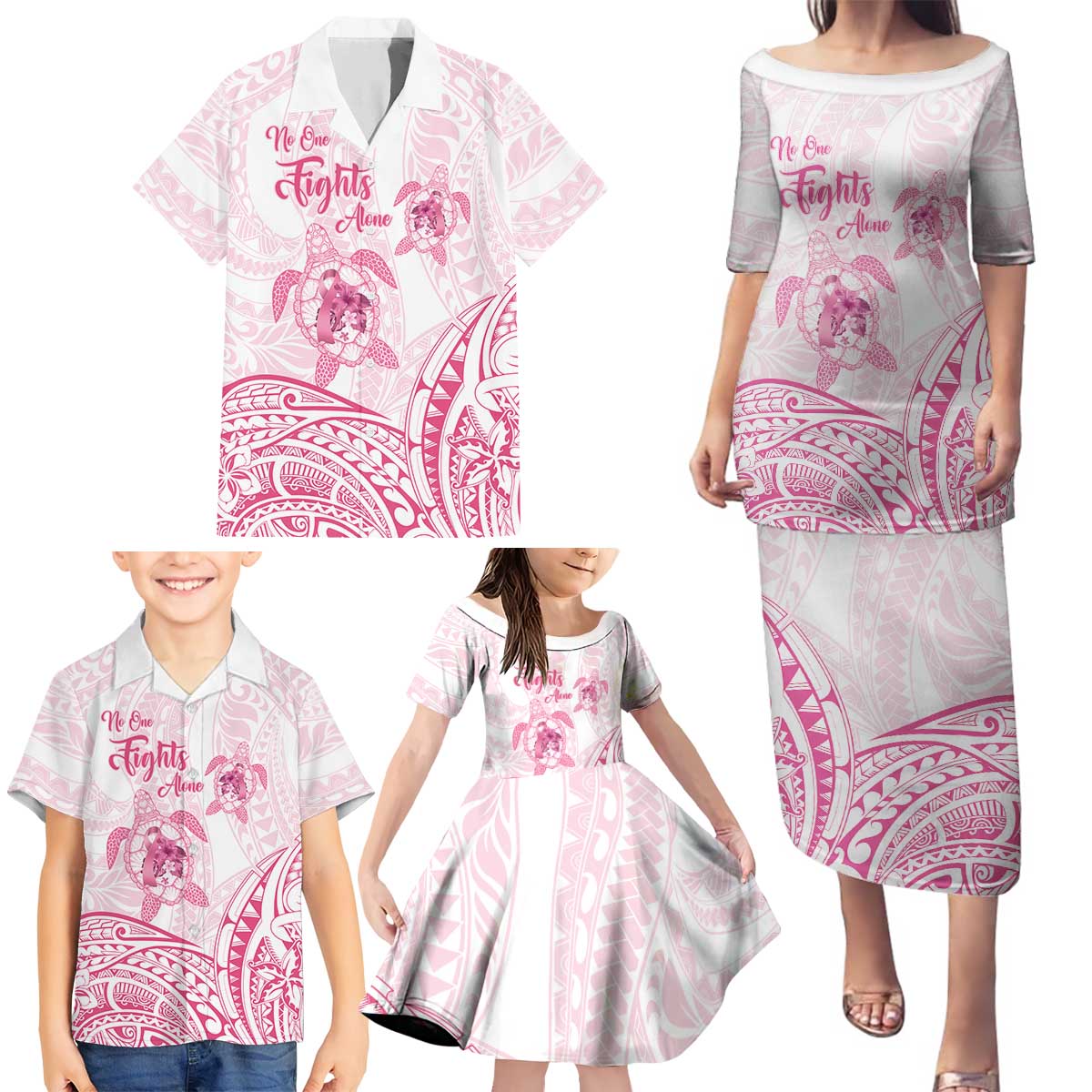 Personalised Polynesia Breast Cancer Awareness Family Matching Puletasi and Hawaiian Shirt No One Fights Alone Turtle Ribbon - White Version LT14 - Polynesian Pride