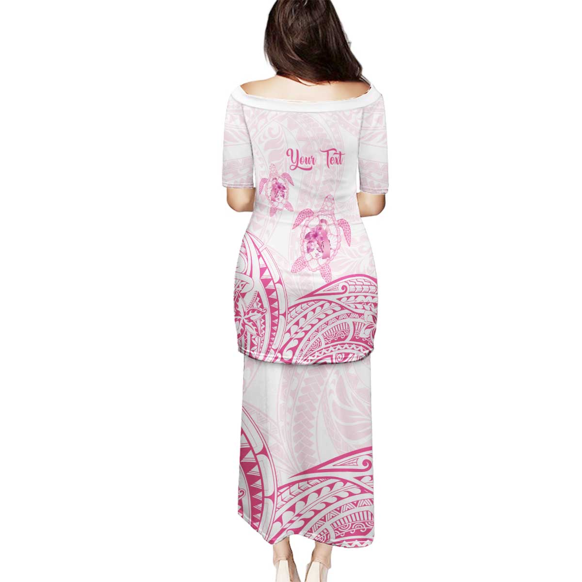 Personalised Polynesia Breast Cancer Awareness Family Matching Puletasi and Hawaiian Shirt No One Fights Alone Turtle Ribbon - White Version