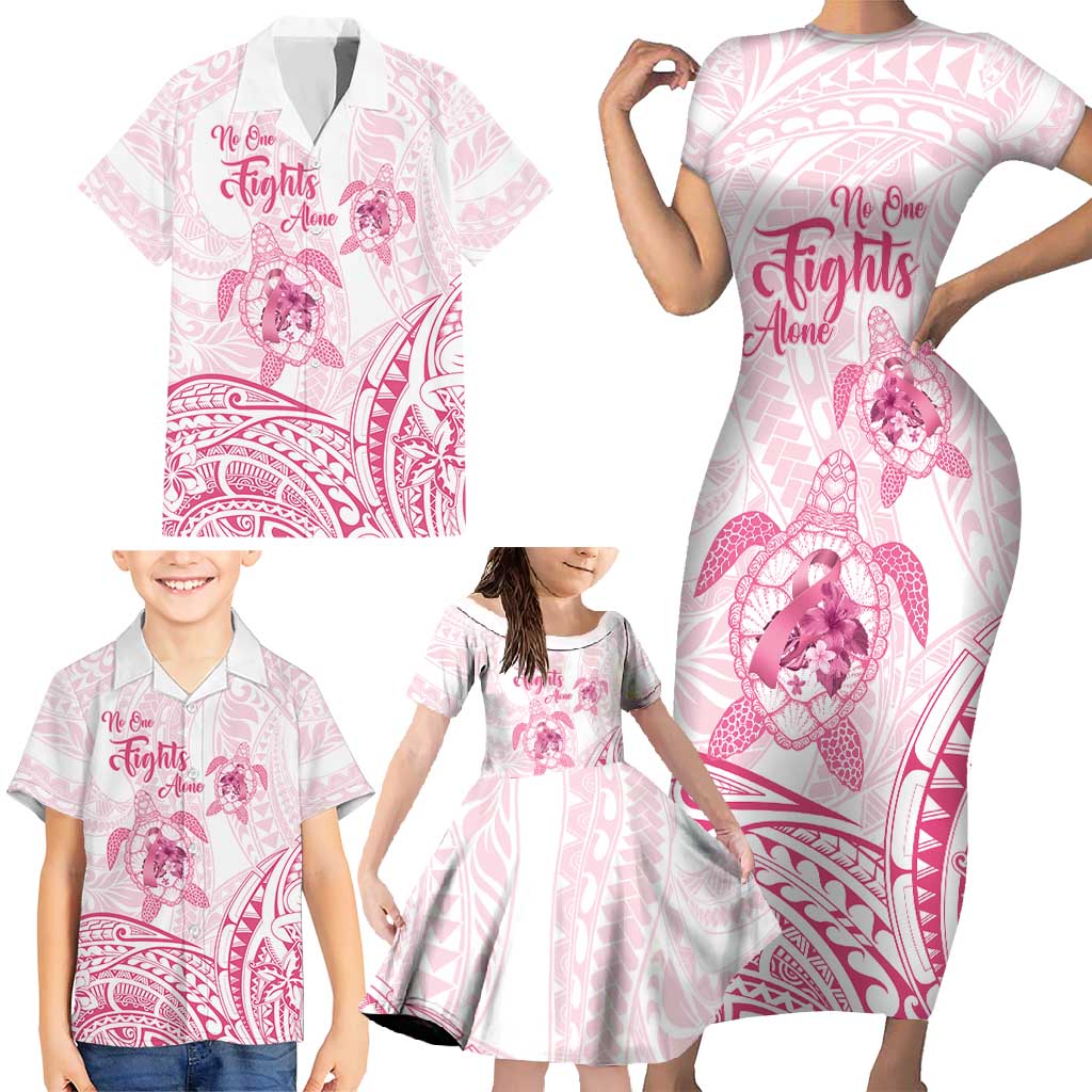 Personalised Polynesia Breast Cancer Awareness Family Matching Short Sleeve Bodycon Dress and Hawaiian Shirt No One Fights Alone Turtle Ribbon - White Version