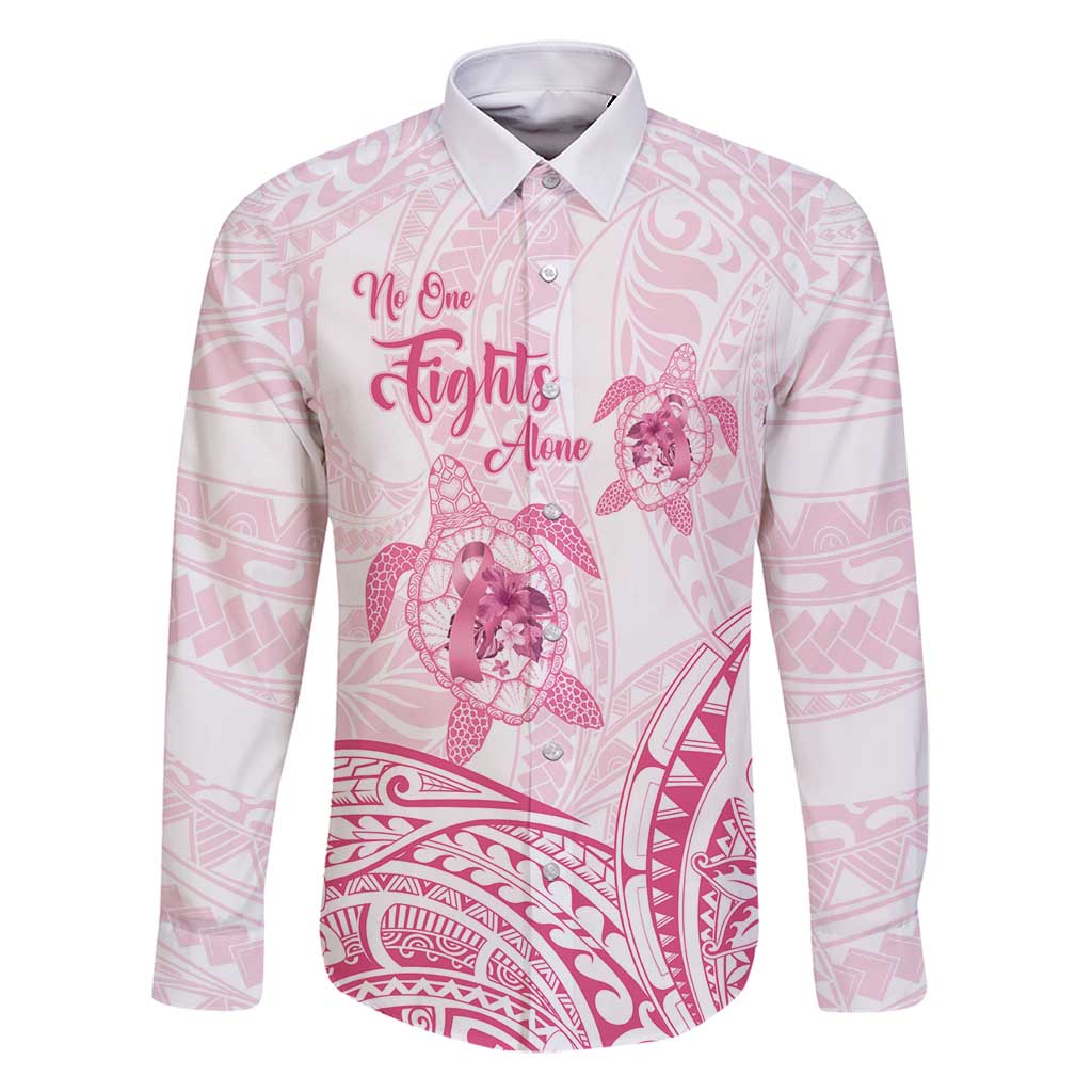 Personalised Polynesia Breast Cancer Awareness Family Matching Summer Maxi Dress and Hawaiian Shirt No One Fights Alone Turtle Ribbon - White Version