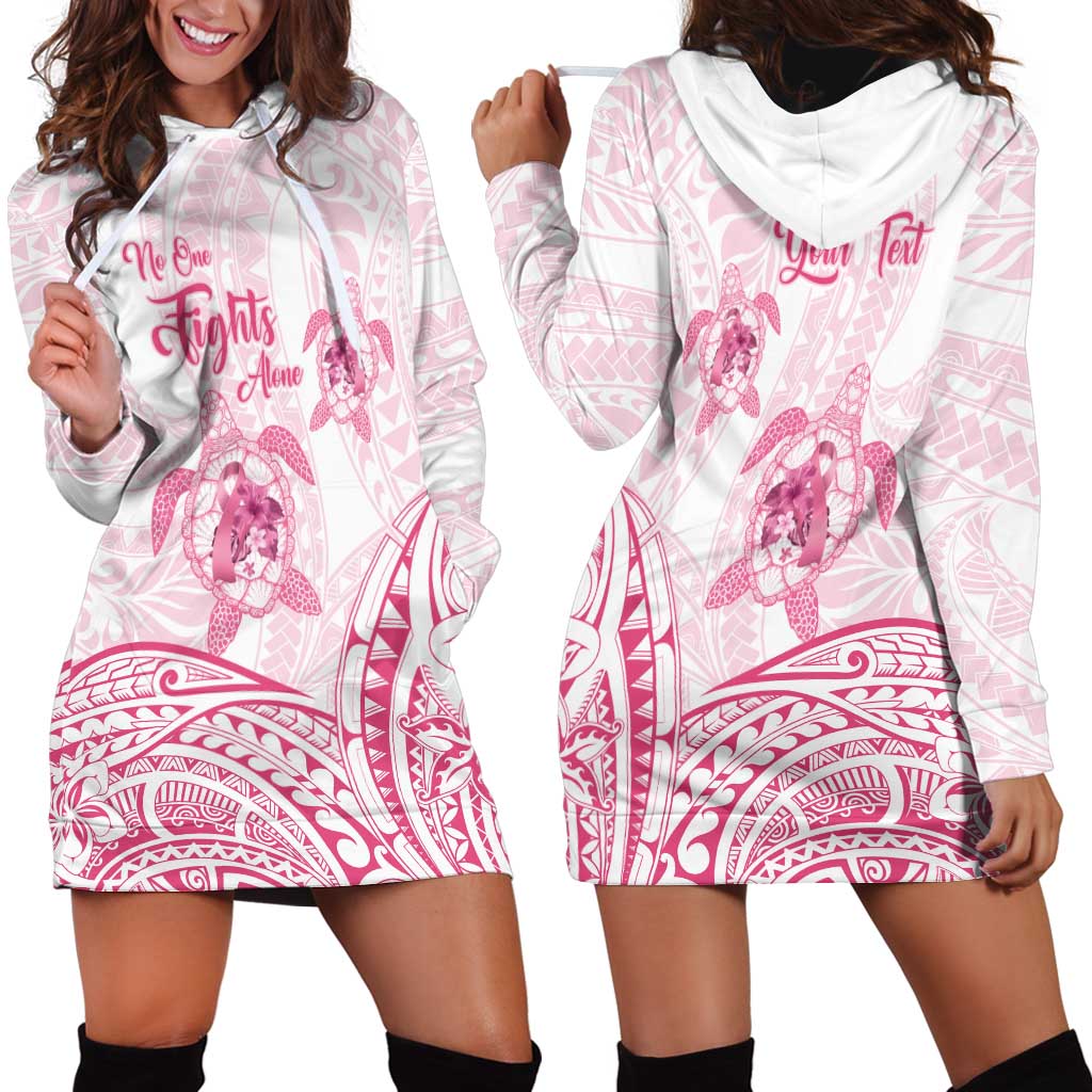 Personalised Polynesia Breast Cancer Awareness Hoodie Dress No One Fights Alone Turtle Ribbon - White Version LT14 - Polynesian Pride