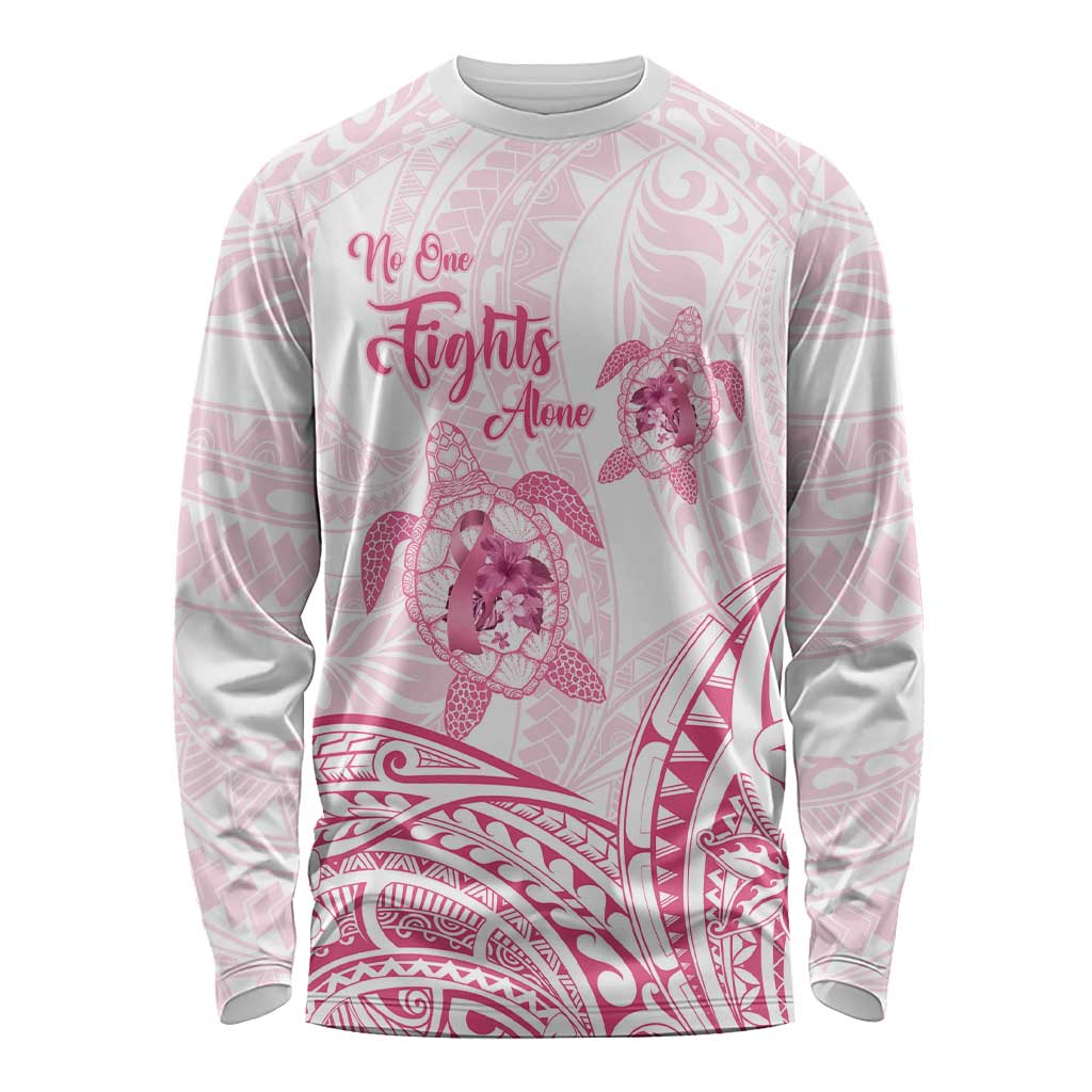 Personalised Polynesia Breast Cancer Awareness Long Sleeve Shirt No One Fights Alone Turtle Ribbon - White Version