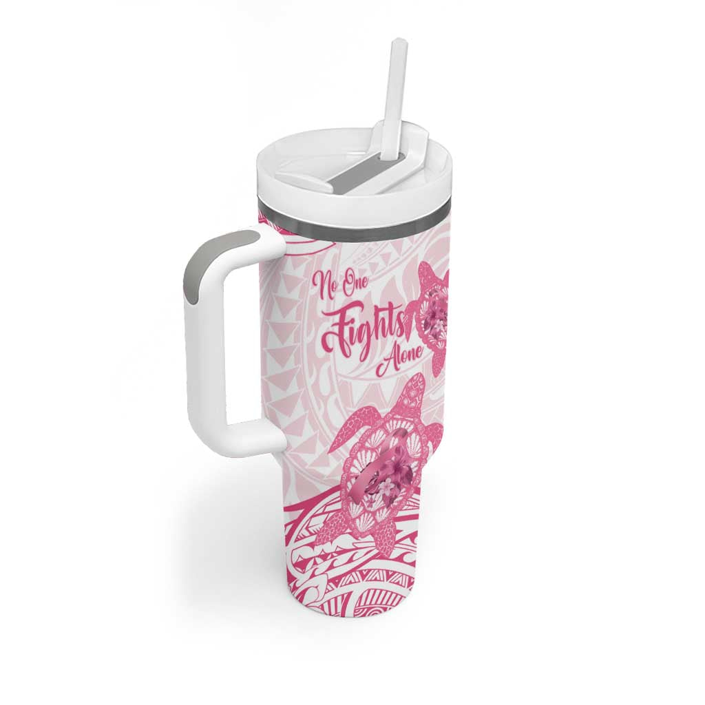 Personalised Polynesia Breast Cancer Awareness Tumbler With Handle No One Fights Alone Turtle Ribbon - White Version LT14 - Polynesian Pride