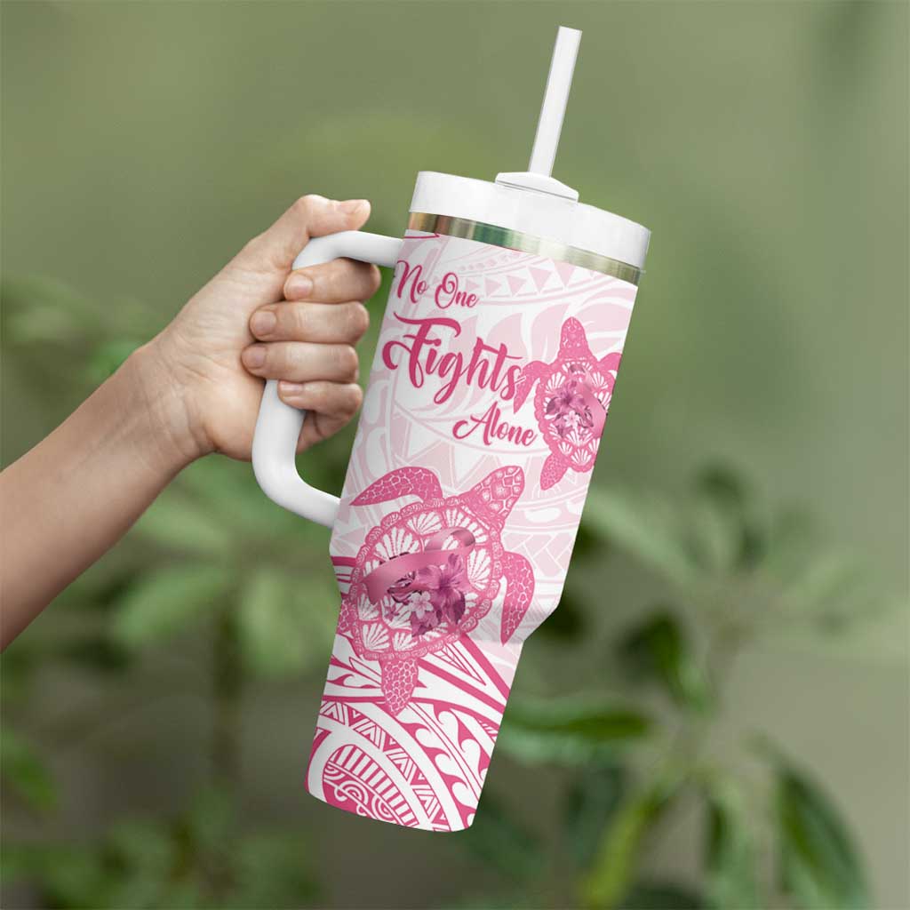 Personalised Polynesia Breast Cancer Awareness Tumbler With Handle No One Fights Alone Turtle Ribbon - White Version LT14 - Polynesian Pride