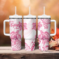 Personalised Polynesia Breast Cancer Awareness Tumbler With Handle No One Fights Alone Turtle Ribbon - White Version LT14 - Polynesian Pride