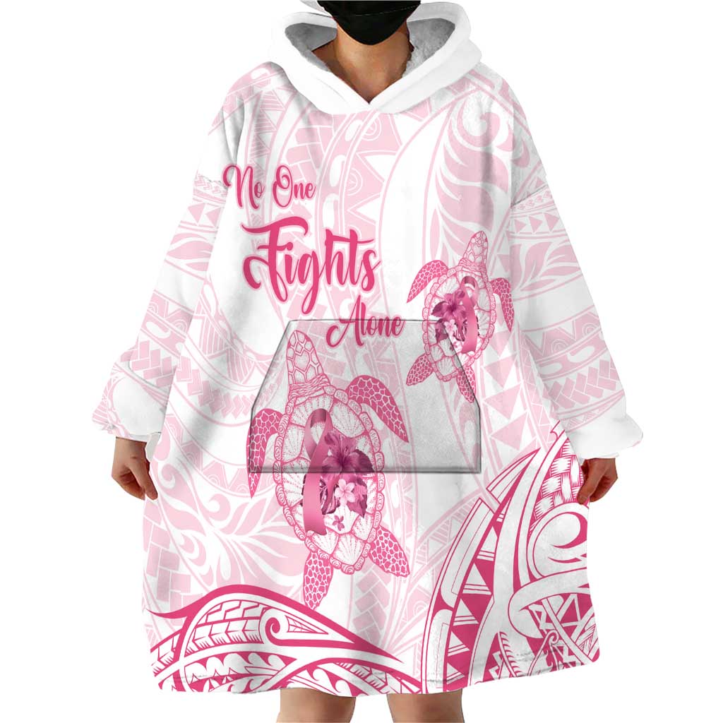 Personalised Polynesia Breast Cancer Awareness Wearable Blanket Hoodie No One Fights Alone Turtle Ribbon - White Version LT14 - Polynesian Pride