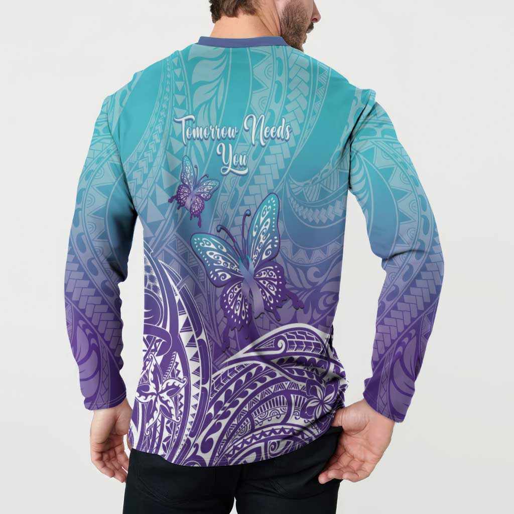 Polynesia Suicide Prevention Month Button Sweatshirt Butterfly Purple And Teal Ribbon Tomorrow Needs You