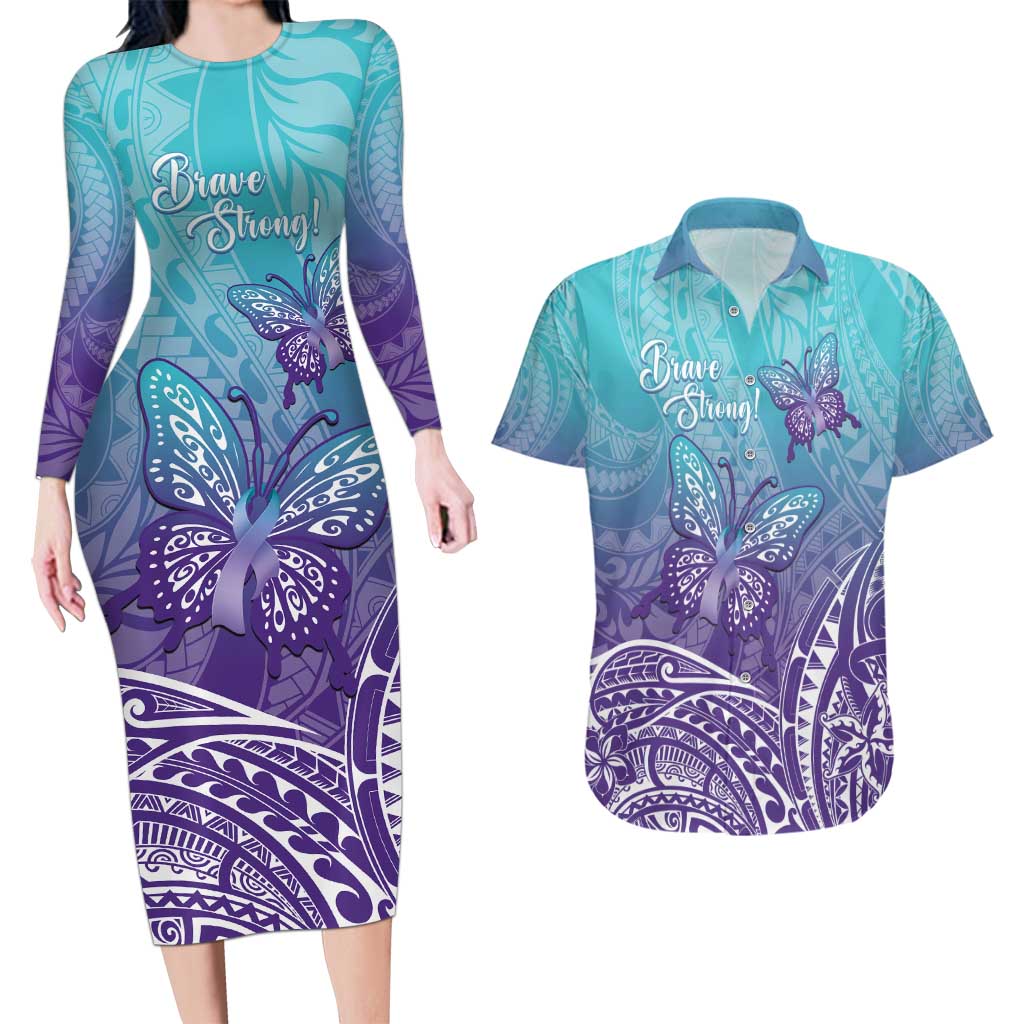 Polynesia Suicide Prevention Month Couples Matching Long Sleeve Bodycon Dress and Hawaiian Shirt Butterfly Purple And Teal Ribbon Tomorrow Needs You