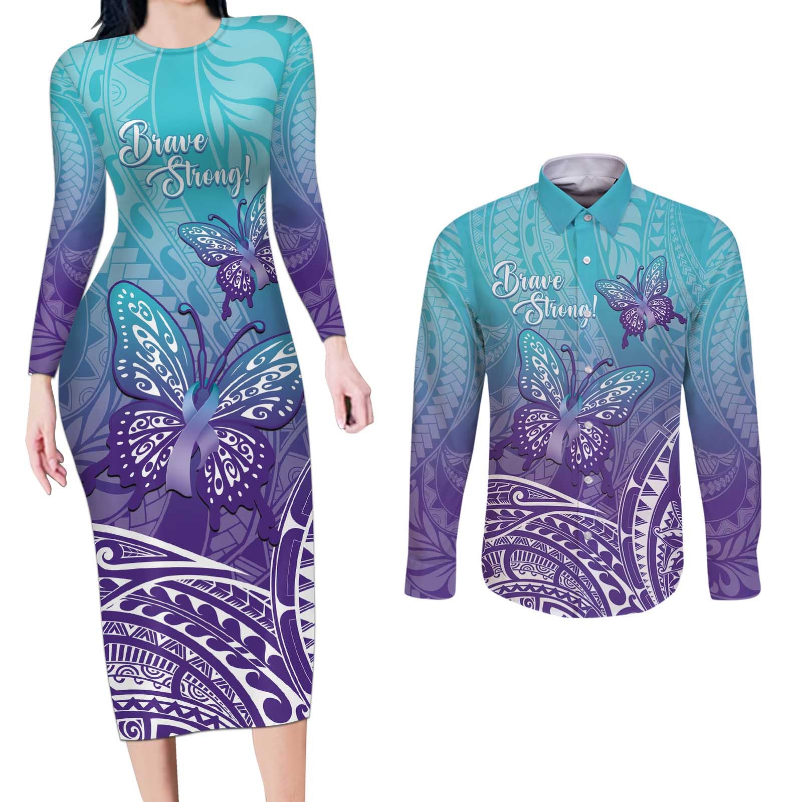 Polynesia Suicide Prevention Month Couples Matching Long Sleeve Bodycon Dress and Long Sleeve Button Shirt Butterfly Purple And Teal Ribbon Tomorrow Needs You LT14 Teal - Polynesian Pride