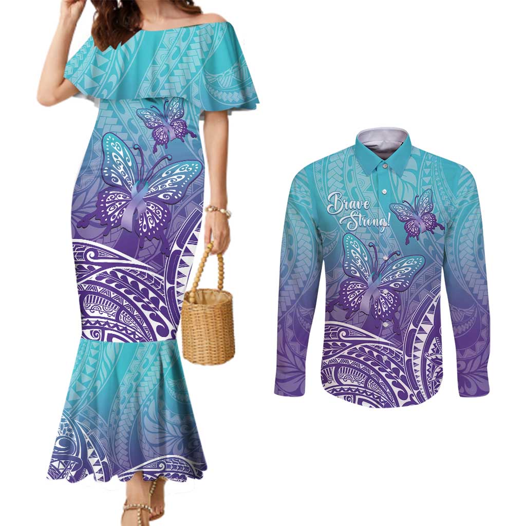 Polynesia Suicide Prevention Month Couples Matching Mermaid Dress and Long Sleeve Button Shirt Butterfly Purple And Teal Ribbon Tomorrow Needs You