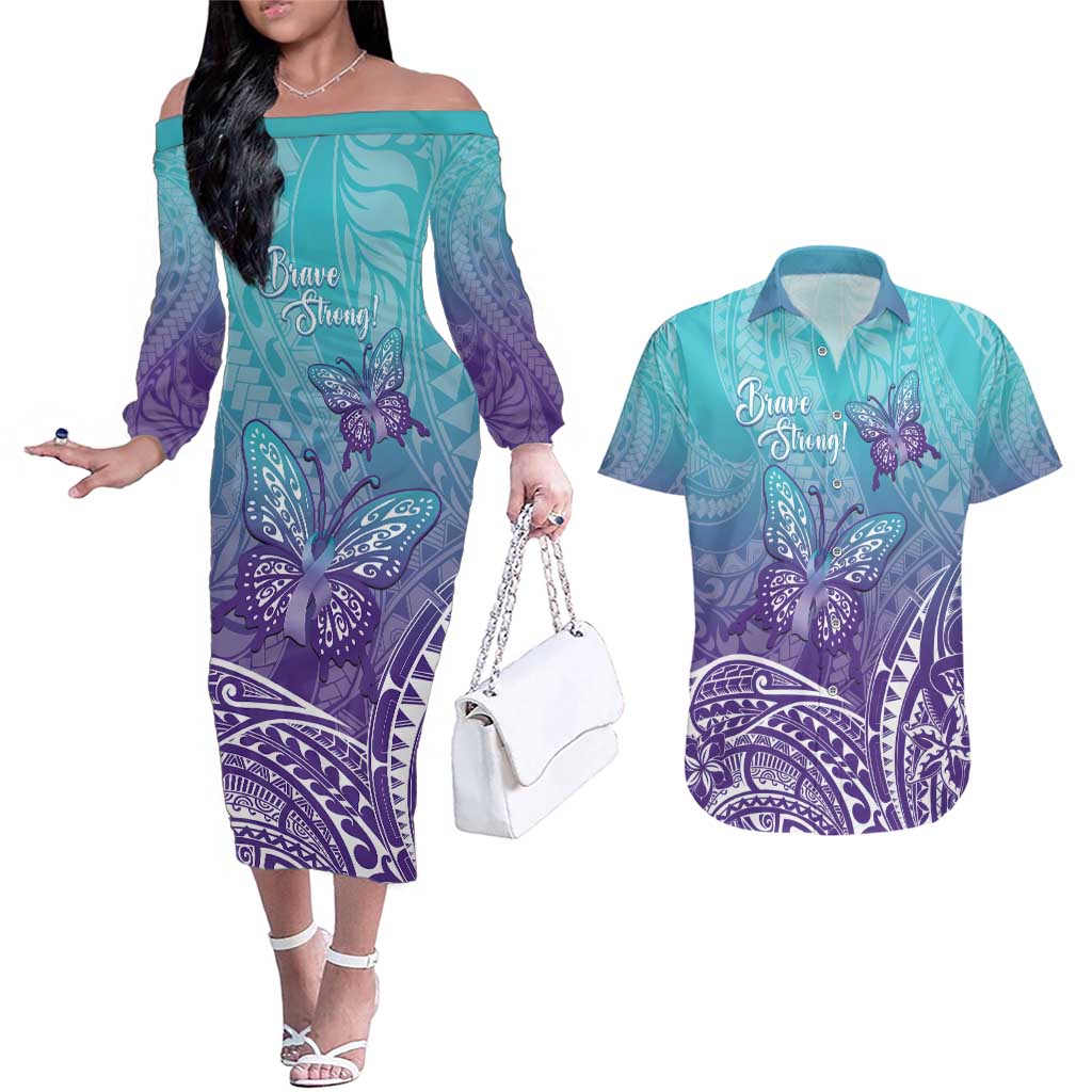 Polynesia Suicide Prevention Month Couples Matching Off The Shoulder Long Sleeve Dress and Hawaiian Shirt Butterfly Purple And Teal Ribbon Tomorrow Needs You