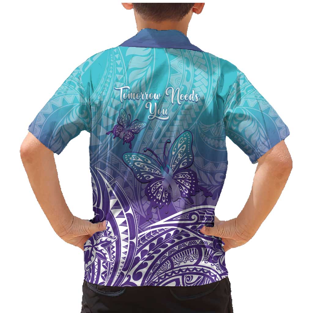 Polynesia Suicide Prevention Month Family Matching Mermaid Dress and Hawaiian Shirt Butterfly Purple And Teal Ribbon Tomorrow Needs You