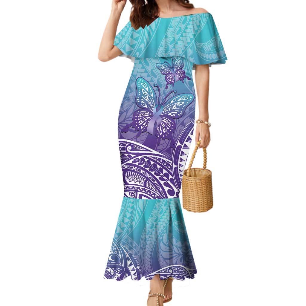 Polynesia Suicide Prevention Month Family Matching Mermaid Dress and Hawaiian Shirt Butterfly Purple And Teal Ribbon Tomorrow Needs You
