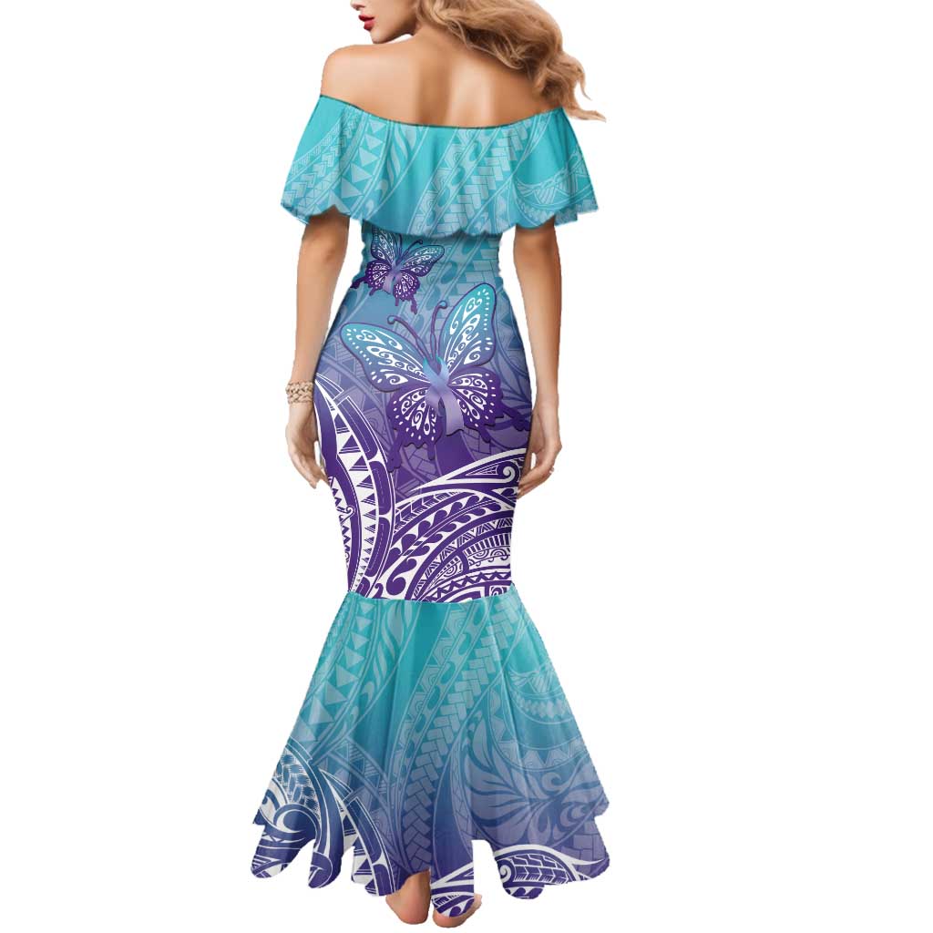 Polynesia Suicide Prevention Month Family Matching Mermaid Dress and Hawaiian Shirt Butterfly Purple And Teal Ribbon Tomorrow Needs You