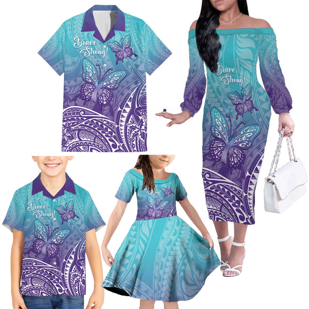 Polynesia Suicide Prevention Month Family Matching Off The Shoulder Long Sleeve Dress and Hawaiian Shirt Butterfly Purple And Teal Ribbon Tomorrow Needs You