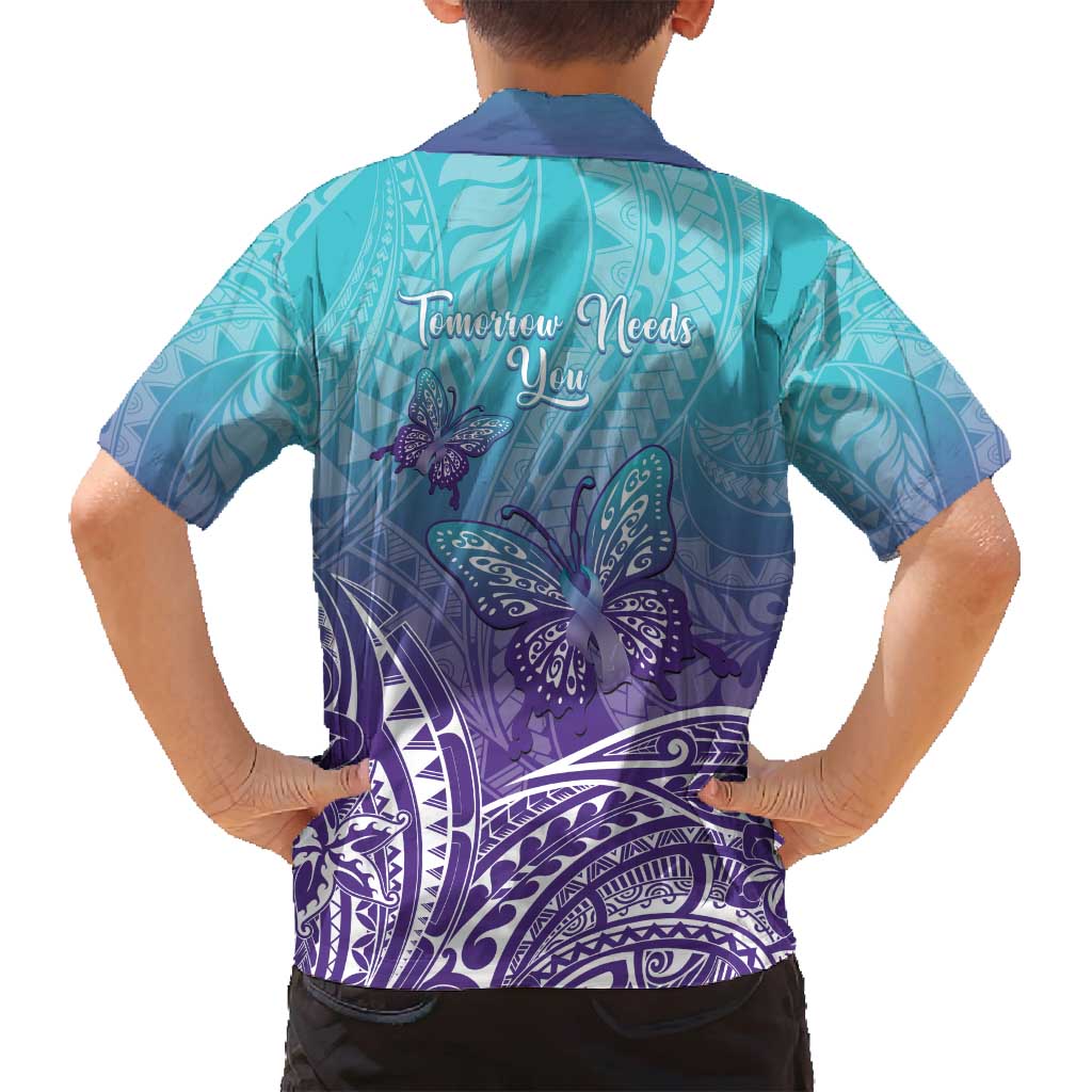 Polynesia Suicide Prevention Month Family Matching Off Shoulder Maxi Dress and Hawaiian Shirt Butterfly Purple And Teal Ribbon Tomorrow Needs You LT14 - Polynesian Pride