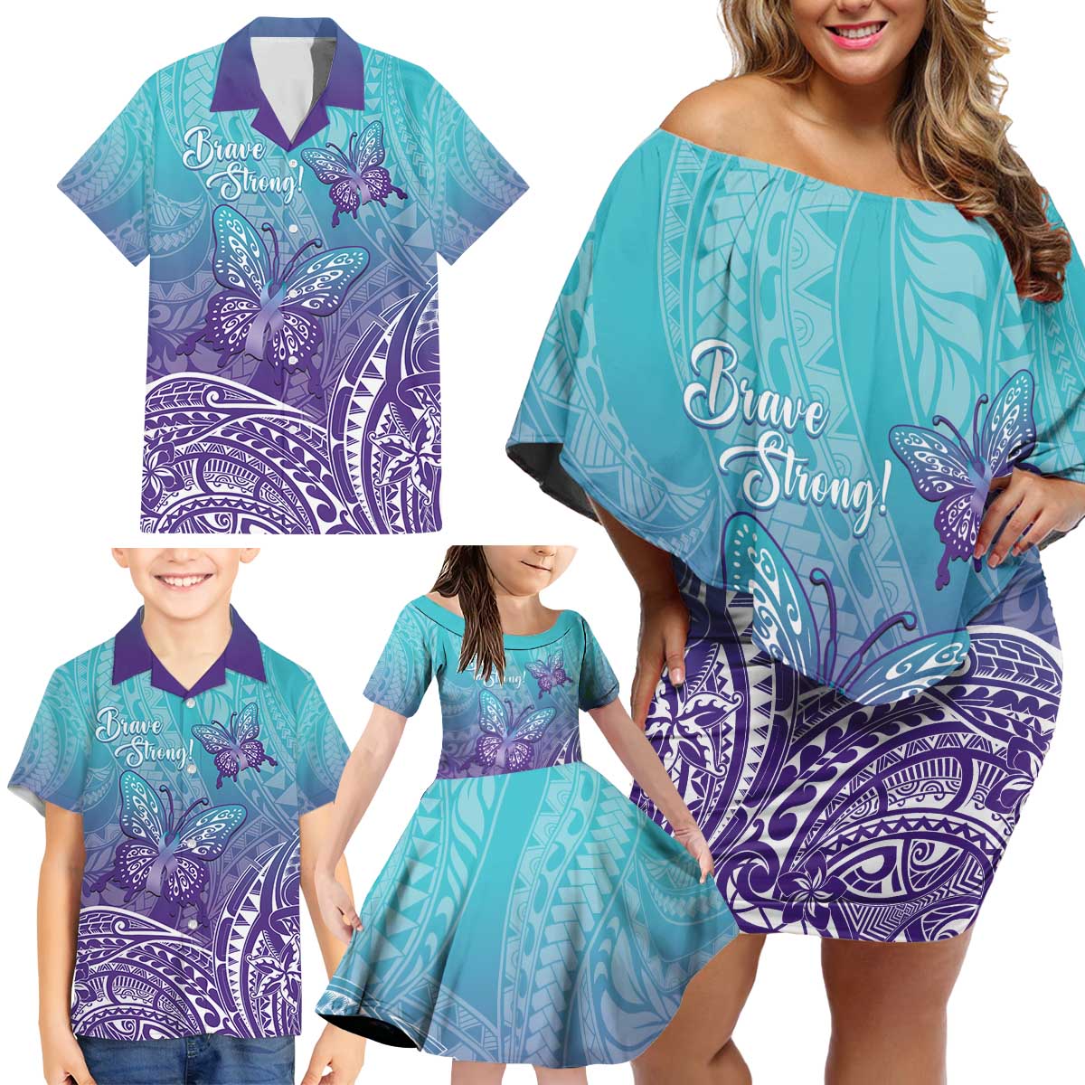 Polynesia Suicide Prevention Month Family Matching Off Shoulder Short Dress and Hawaiian Shirt Butterfly Purple And Teal Ribbon Tomorrow Needs You