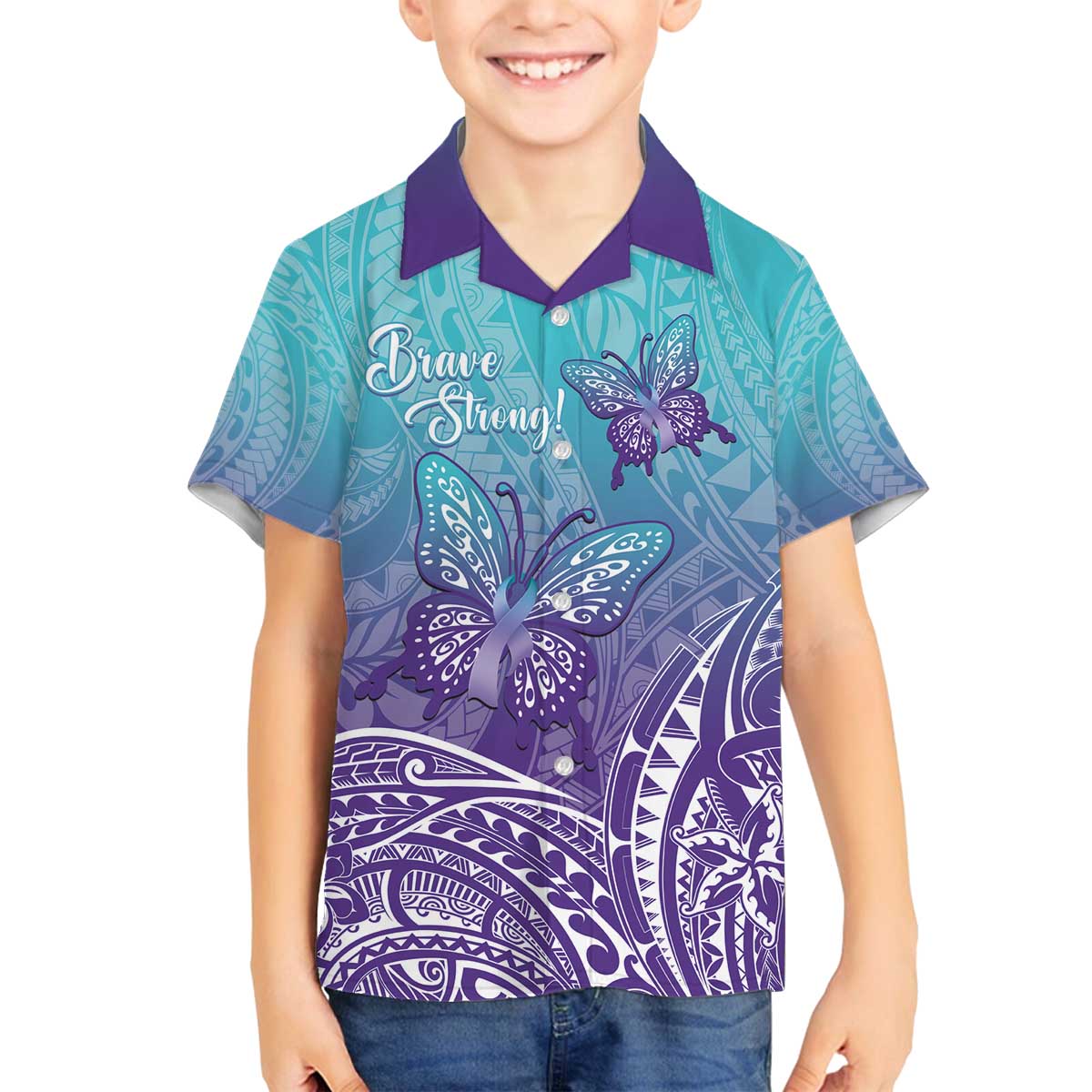 Polynesia Suicide Prevention Month Family Matching Off Shoulder Short Dress and Hawaiian Shirt Butterfly Purple And Teal Ribbon Tomorrow Needs You LT14 Son's Shirt Teal - Polynesian Pride