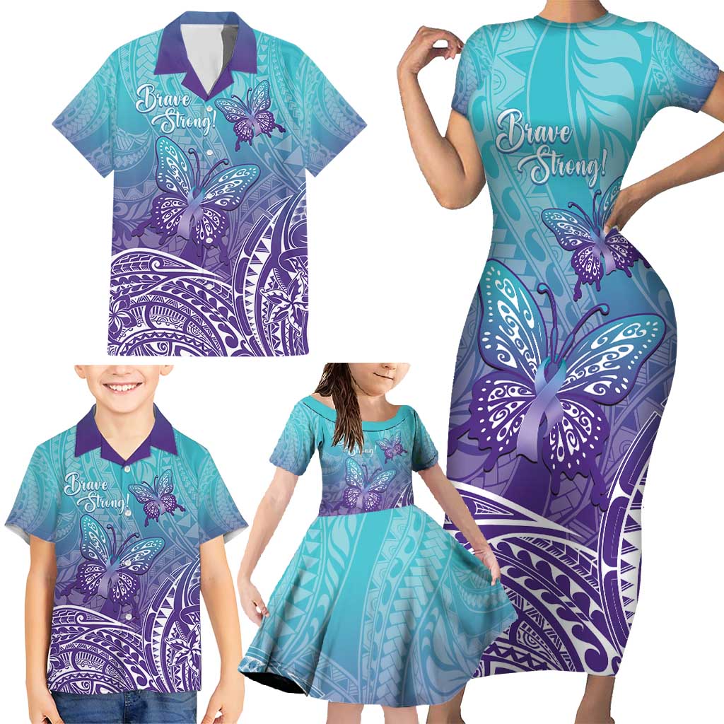 Polynesia Suicide Prevention Month Family Matching Short Sleeve Bodycon Dress and Hawaiian Shirt Butterfly Purple And Teal Ribbon Tomorrow Needs You