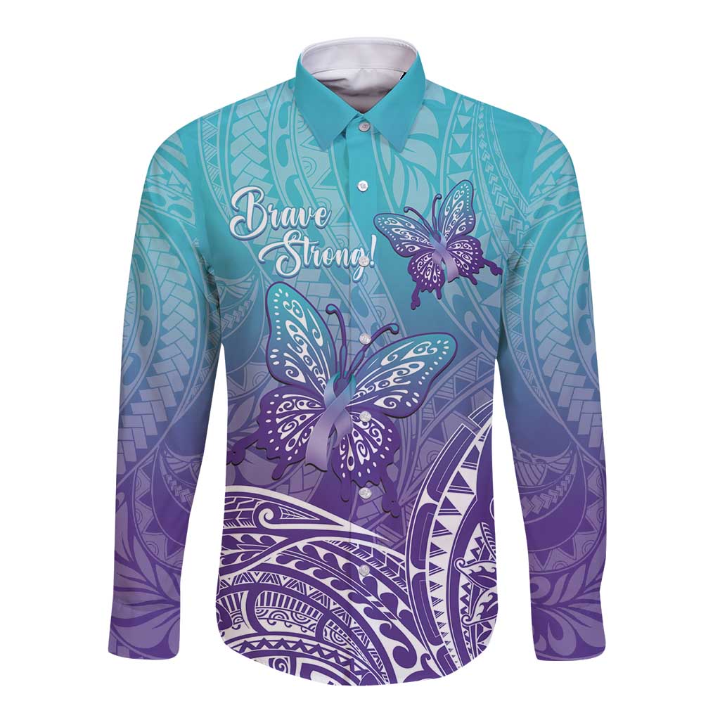 Polynesia Suicide Prevention Month Long Sleeve Button Shirt Butterfly Purple And Teal Ribbon Tomorrow Needs You