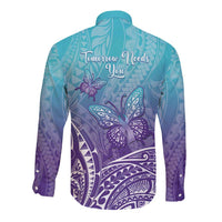 Polynesia Suicide Prevention Month Long Sleeve Button Shirt Butterfly Purple And Teal Ribbon Tomorrow Needs You