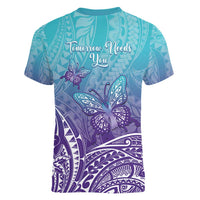 Polynesia Suicide Prevention Month Women V-Neck T-Shirt Butterfly Purple And Teal Ribbon Tomorrow Needs You