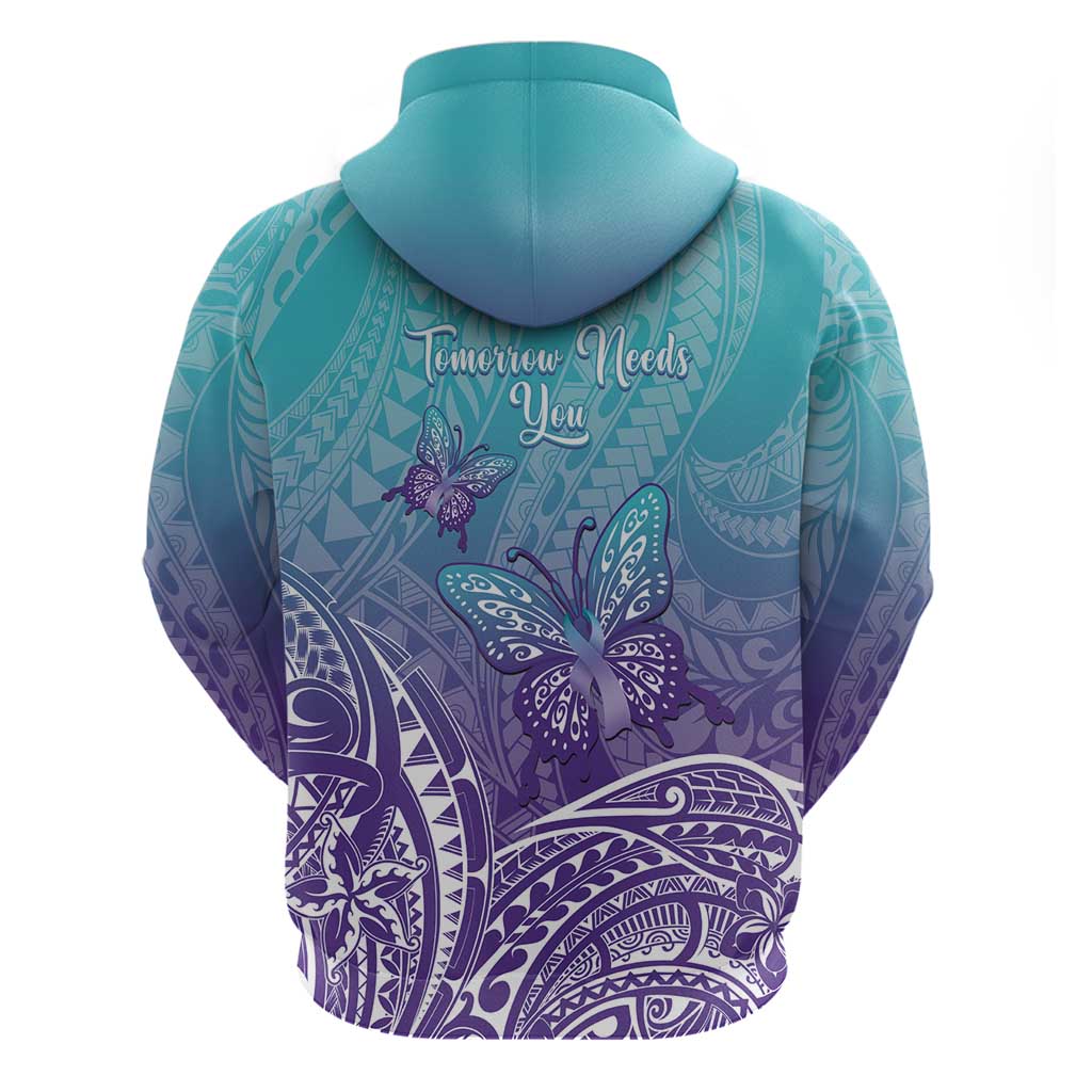 Polynesia Suicide Prevention Month Zip Hoodie Butterfly Purple And Teal Ribbon Tomorrow Needs You