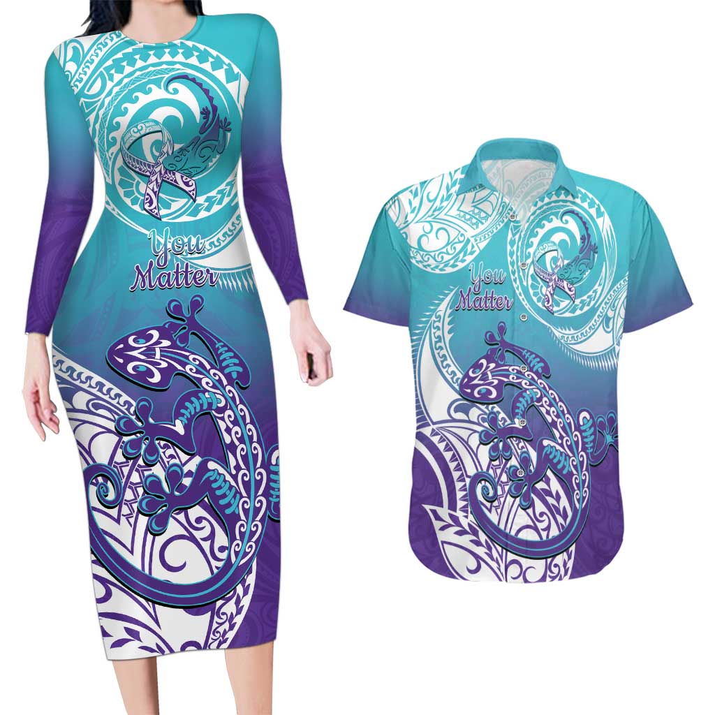 Personalised New Zealand Suicide Prevention Month Couples Matching Long Sleeve Bodycon Dress and Hawaiian Shirt You Matter NZ Fern With Maori Koru Lizard LT14 Teal - Polynesian Pride