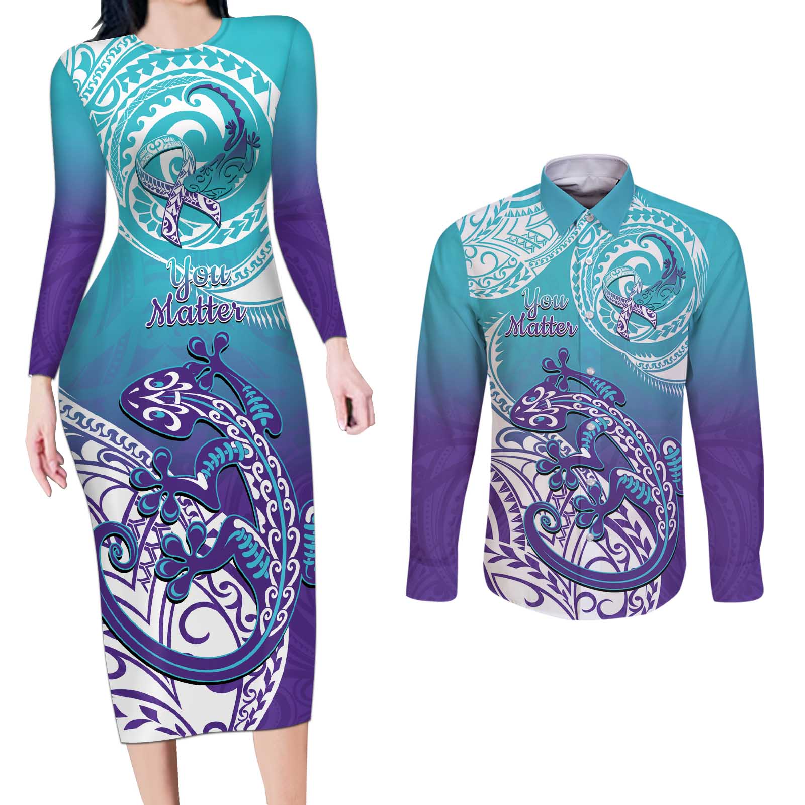 Personalised New Zealand Suicide Prevention Month Couples Matching Long Sleeve Bodycon Dress and Long Sleeve Button Shirt You Matter NZ Fern With Maori Koru Lizard