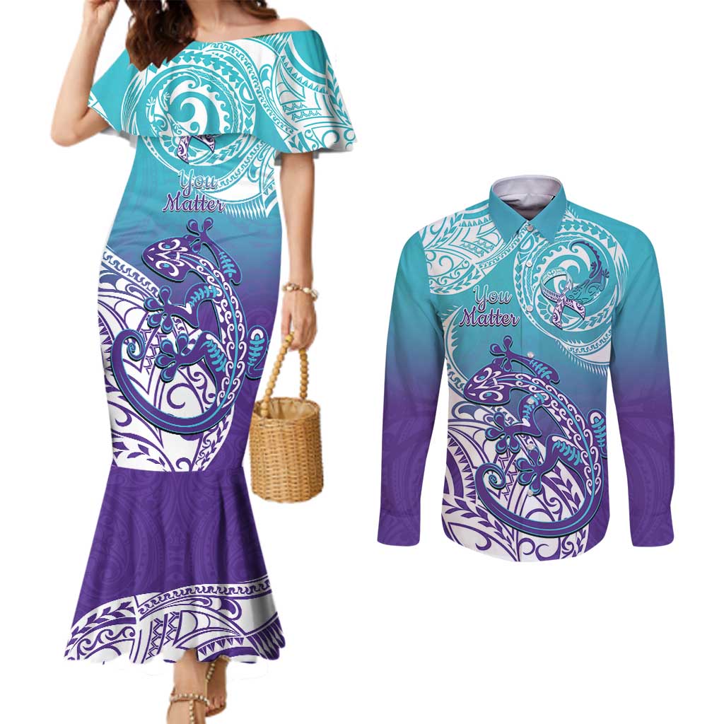 Personalised New Zealand Suicide Prevention Month Couples Matching Mermaid Dress and Long Sleeve Button Shirt You Matter NZ Fern With Maori Koru Lizard LT14 Teal - Polynesian Pride