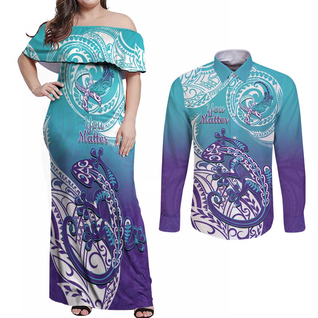 Personalised New Zealand Suicide Prevention Month Couples Matching Off Shoulder Maxi Dress and Long Sleeve Button Shirt You Matter NZ Fern With Maori Koru Lizard LT14 Teal - Polynesian Pride