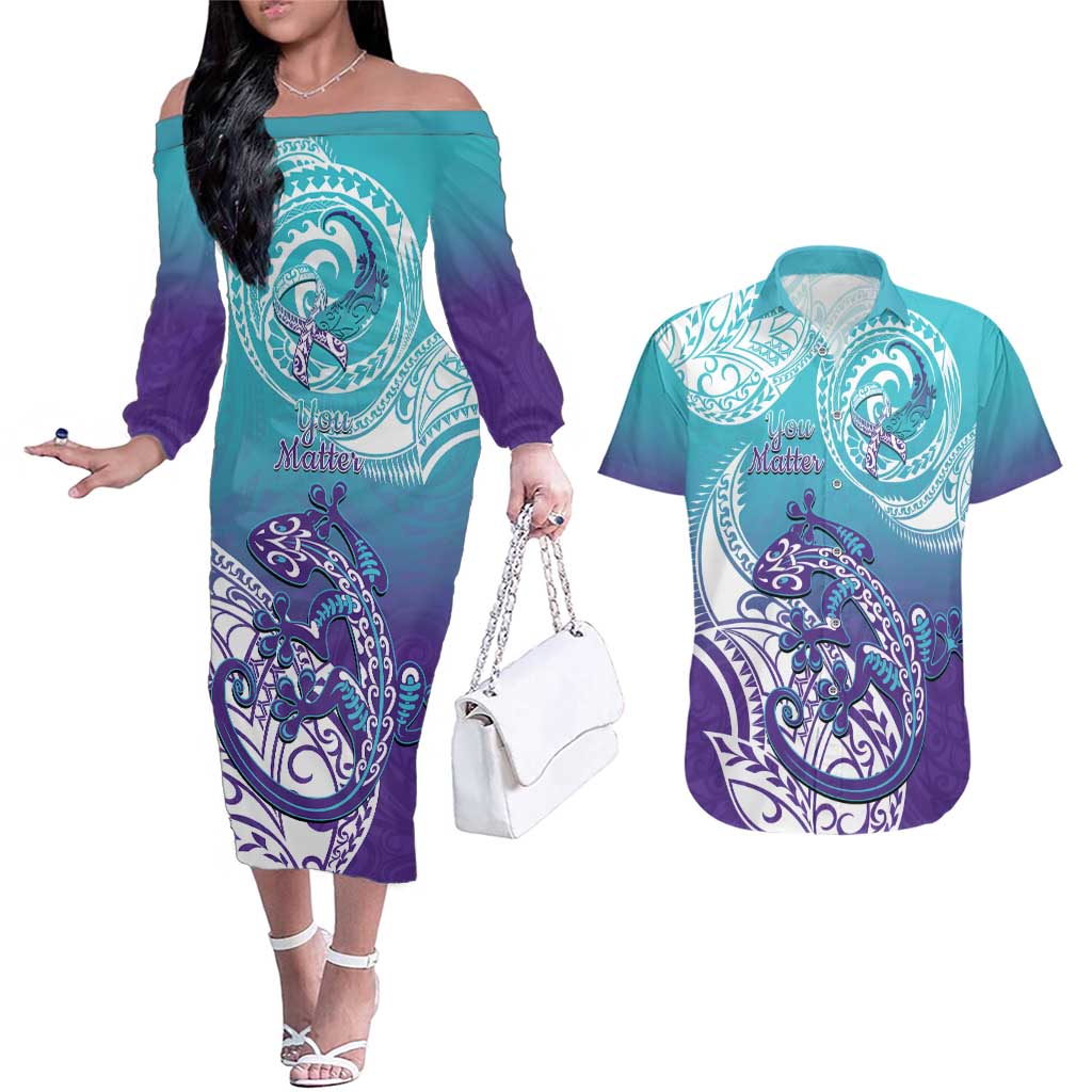 Personalised New Zealand Suicide Prevention Month Couples Matching Off The Shoulder Long Sleeve Dress and Hawaiian Shirt You Matter NZ Fern With Maori Koru Lizard