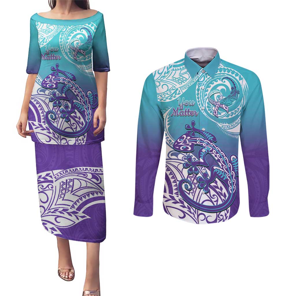 Personalised New Zealand Suicide Prevention Month Couples Matching Puletasi and Long Sleeve Button Shirt You Matter NZ Fern With Maori Koru Lizard LT14 Teal - Polynesian Pride
