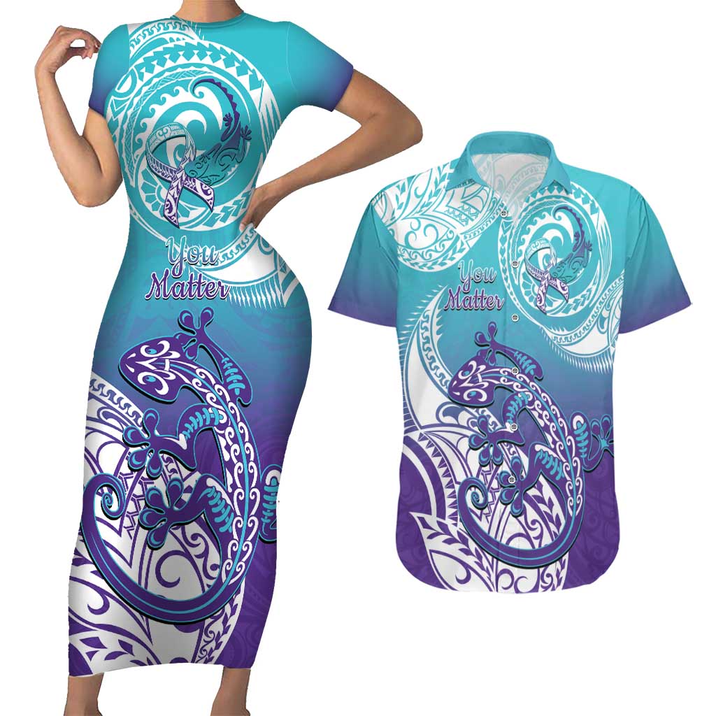 Personalised New Zealand Suicide Prevention Month Couples Matching Short Sleeve Bodycon Dress and Hawaiian Shirt You Matter NZ Fern With Maori Koru Lizard LT14 Teal - Polynesian Pride