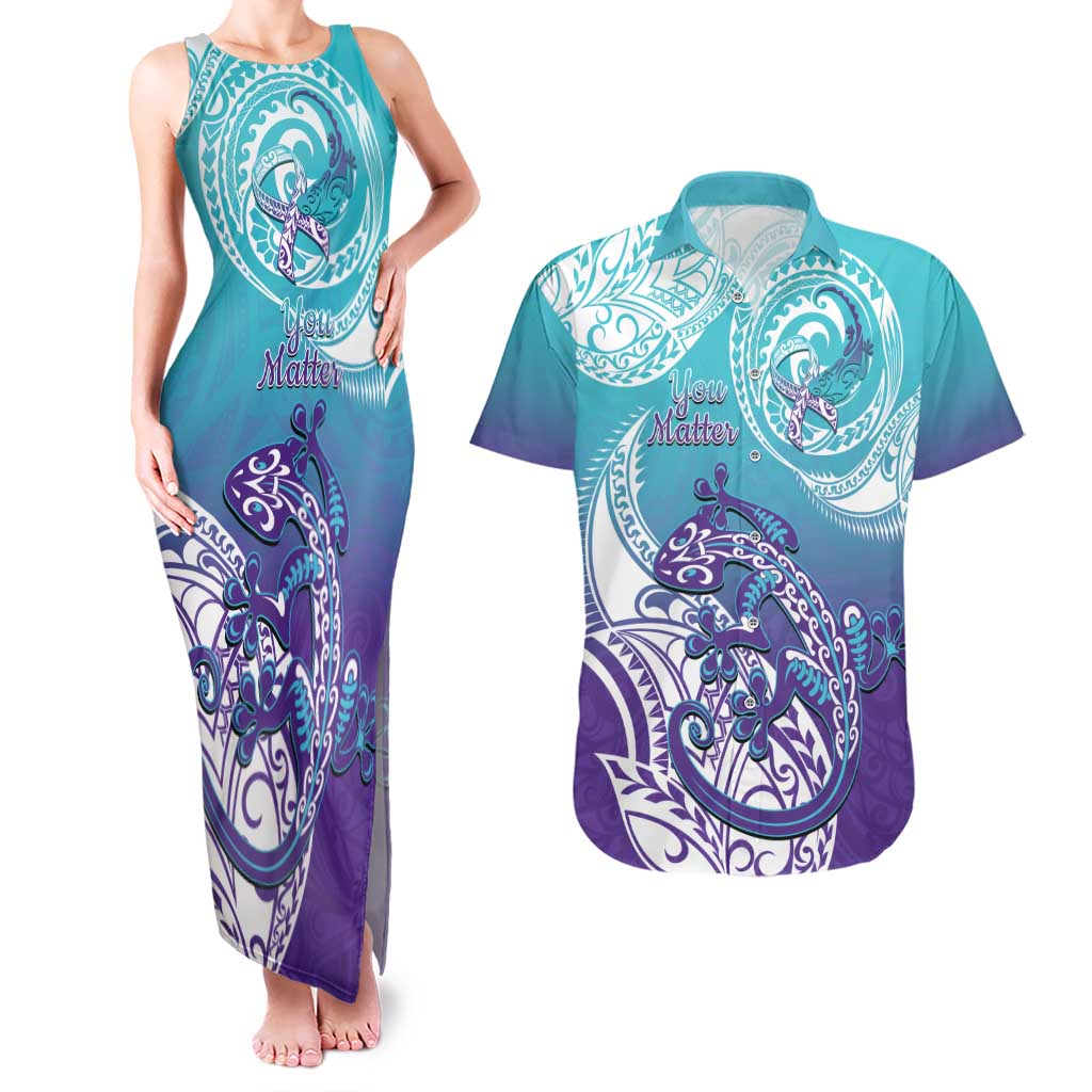 Personalised New Zealand Suicide Prevention Month Couples Matching Tank Maxi Dress and Hawaiian Shirt You Matter NZ Fern With Maori Koru Lizard LT14 Teal - Polynesian Pride
