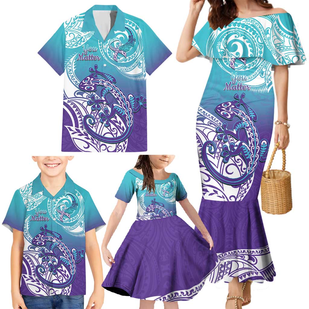 Personalised New Zealand Suicide Prevention Month Family Matching Mermaid Dress and Hawaiian Shirt You Matter NZ Fern With Maori Koru Lizard LT14 - Polynesian Pride